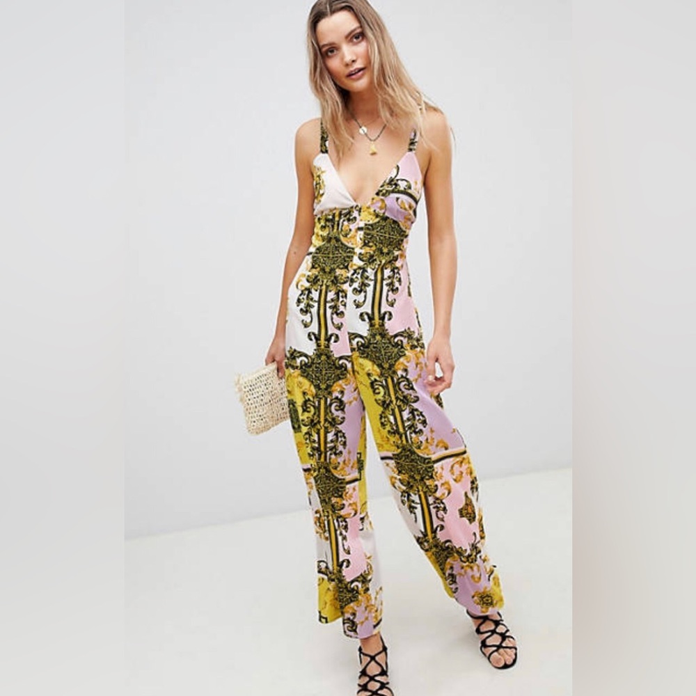 ASOS DESING PETITE PASTEL BAROQUE PRINT WIDE LEG BEACH